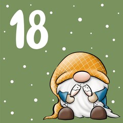 Day 18 - Cute advent calendar with Gnomes everyday activities. Christmas and New year countdown numbered poster. Illustration for poster, card, kid and nursery decor