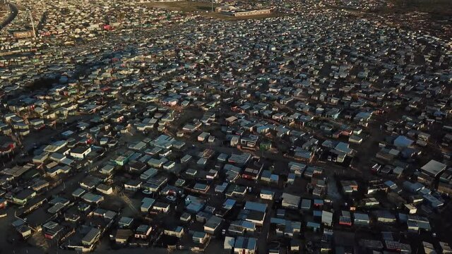 Township, South Africa, cinematic aerial drone video, Informal settlement Khayelitsha, Cape Town, South Africa