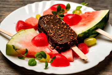Watermelon and Chocolate Ice Cream on plate