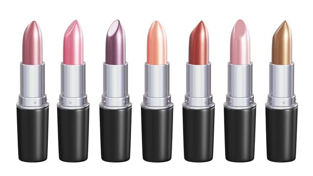 Realistic looping 3D animation of the spinning best nude colors shiny lipsticks set rendered in UHD with alpha matte