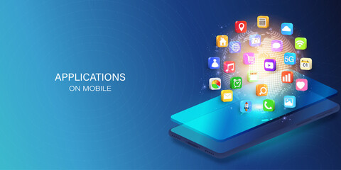 Mobile or smartphone with application icons on world map background as new technology concept. vector illustration.