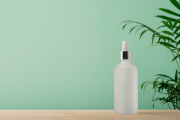 Transparent frosted glass dropper bottle with silver lid . Skincare concept with mint green and...