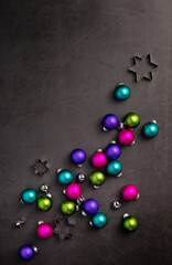 Trendy and colourful Neon Christmas Ornaments Scattered. Top view, flat lay with copyspace. - 463464882