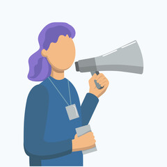 Vector illustration for online advertising. The promoter woman speaks into a megaphone and distributes flyers. Influencer marketing, social media promotion, SMM, marketer, business illustration.