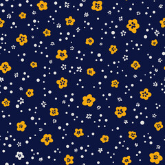 Fototapeta na wymiar Ditsy daisy seamless repeat pattern. Random placed, doodled vector flowers with dots all over surface print on dark blue background.