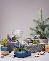 Eco Friendly Christmas concept with Cloth wrapped Gifts