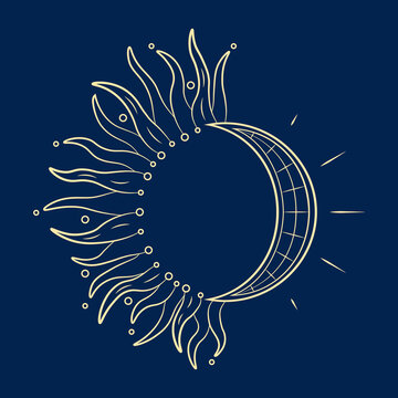 Moon and Sun together in one position gold outline style vector isolated. New moon covering half of the Sun. Moon and Sun shine in gold color. Day and Night. 
