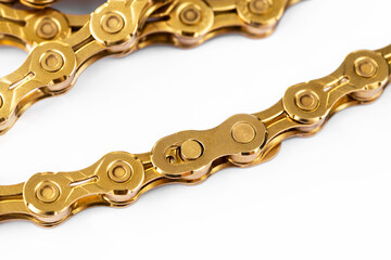 bicycle gold chain closeup, macro chain connector or missing link for quick link connection