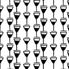 Vector seamless pattern of black wine glasses on a white background. Brush drawing, grunge. Image for fabric, wrapping paper, wallpaper. Restaurant, dinner, celebration. Minimalism, hand drawing.
