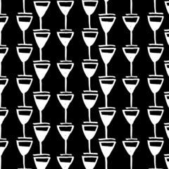 Vector seamless pattern of white wine glasses on a black background. Brush drawing, grunge. Image for fabric, wrapping paper, wallpaper. Restaurant, dinner, celebration. Minimalism, hand drawing.