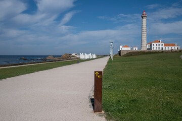 View of the promenade of Leca da Palmeira, Direction indicator Camino de Santiago, the Portuguese...