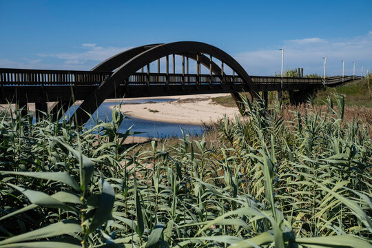 View of the Old wooden Lombard Bridge in Labruge, Vila do Conde, Porto, Portugal.