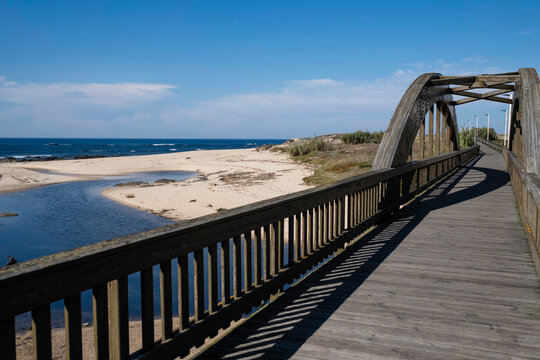 On the wooden Lombard Bridge in Labruge, Vila do Conde, Portugal.