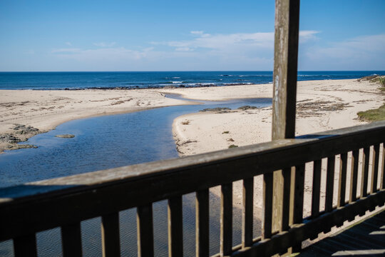View of Atlantica from the Old wooden Lombard Bridge in Labruge, Vila do Conde, Portugal.