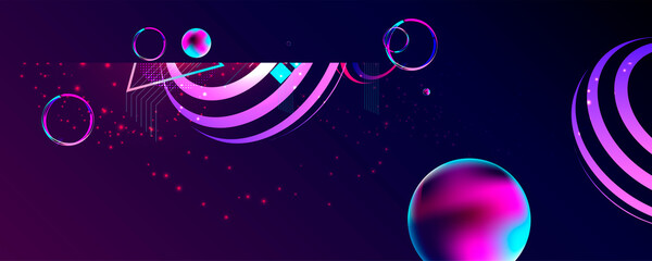 Dark retro futuristic art neon abstraction background cosmos new art 3d starry sky glowing galaxy and planets blue circles