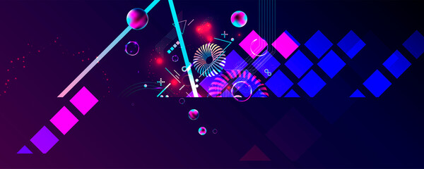 Dark retro futuristic art neon abstraction background cosmos new art 3d starry sky glowing galaxy and planets blue circles