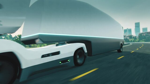 driverless autonomous futuristic electric truck driving on a highway. Realistic 4k animation. 