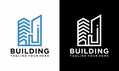 Letter J Initial logo concept with building template vector. on a black and white background. 