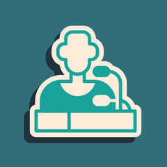 Green Football player press conference icon isolated on green background. Long shadow style. Vector