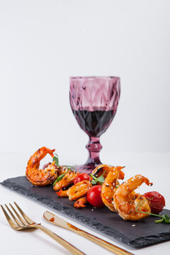 shrimp, black board, wine, vegetables