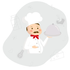 Chief in cap with silver plate. App restaurant concept