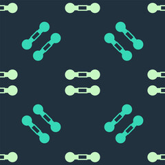 Green and beige Dumbbell icon isolated seamless pattern on blue background. Muscle lifting, fitness barbell, sports equipment. Vector