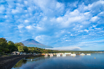 早朝の山中湖からの富士山　旭日丘