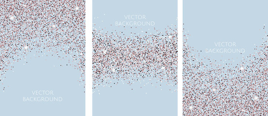 Set of vector abstract backgrounds with falling sparkle rose gold glitter.