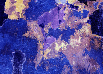 Texture of blue and yellow grungy wall. Old wall texture background, broken plaster for backdrop or wallpaper. 
