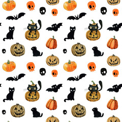Halloween wallpaper, seamless pattern for gift wrapping paper or party design. Cartoon cute cats, pumpkins, bats, skulls, watercolor hand-drawn illustration Isolated on white background.