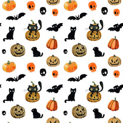Halloween wallpaper, seamless pattern for gift wrapping paper or party design. Cartoon cute cats, pumpkins, bats, skulls, watercolor hand-drawn illustration Isolated on white background.