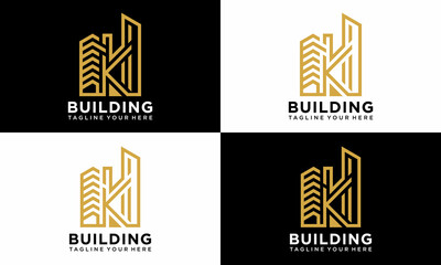 Letter K gold Initial logo concept with building template vector. on a black and white background. 