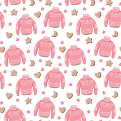 Seamless Christmas pattern with pink sweater, cookies and winter decor. New year, childrens funny illustration in pastel pink color. Children's print.