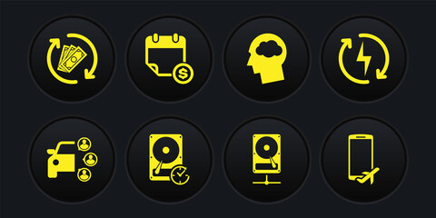 Set Car sharing, Recharging, Hard disk drive with clockwise, on network, Head silhouette cloud and Financial calendar icon. Vector