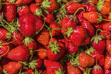 Strawberry with sunny light. Fresh organic berries macro. Fruit background