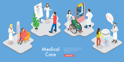 Fototapeta na wymiar 3D Isometric Flat Vector Conceptual Illustration of Medical Care, Doctor and Patient Interaction Scenes Set