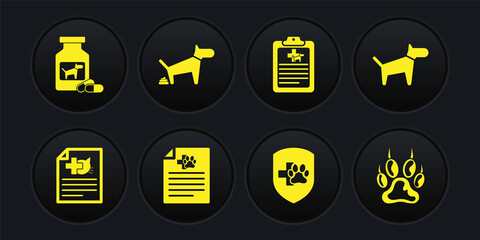 Set Medical certificate for dog or cat, Dog, , Animal health insurance, Clinical record pet and pooping icon. Vector