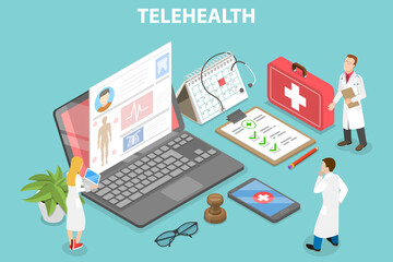 3D Isometric Flat Vector Conceptual Illustration of Telemedicine and Online Healthcare, Virtual Medical Care - obrazy, fototapety, plakaty