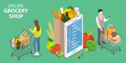 3D Isometric Flat Vector Conceptual Illustration of Online Grocery Shop, Order and Delivery in Online Supermarket