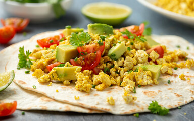 Scrambled Tofu Tacos with avocado, tomatoes and green herbs. Healthy Vegan Breakfast.