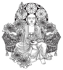 Tattoo art buddha china design on lotus and tiger hand drawing and sketch