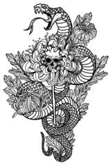 Tattoo art snak and flower drawing and sketch black and white