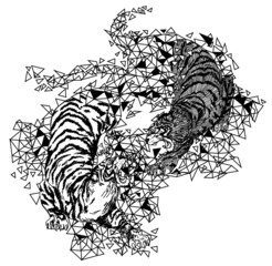 Tattoo art tiger fight hand drawing and sketch black and white