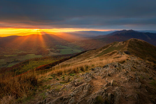 Beautiful autumn sunset in Bieszczadzy mountains - Poland