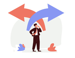 Choice decision making as two split path options to choose from tiny person concept. Business or life strategy confusion