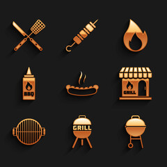 Set Hotdog sandwich, Barbecue grill, shopping building, Ketchup bottle, Fire flame and Crossed knife spatula icon. Vector