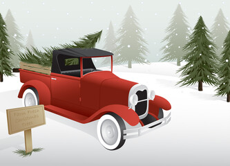 A vintage style pickup truck with a tree in the back on a Christmas tree lot
