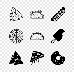 Set Nachos, Taco with tortilla, Hotdog sandwich, Slice of pizza, Donut, Pizza and icon. Vector
