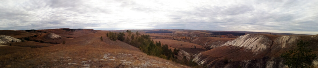 Photo panorama of the landscape of the chalk mountains