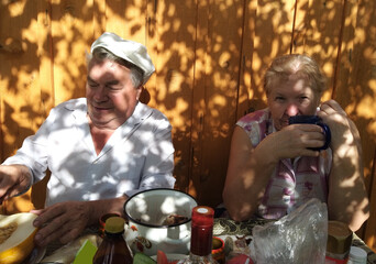 an elderly couple a man and a woman have been together for many years, the family celebrate their anniversary in the garden